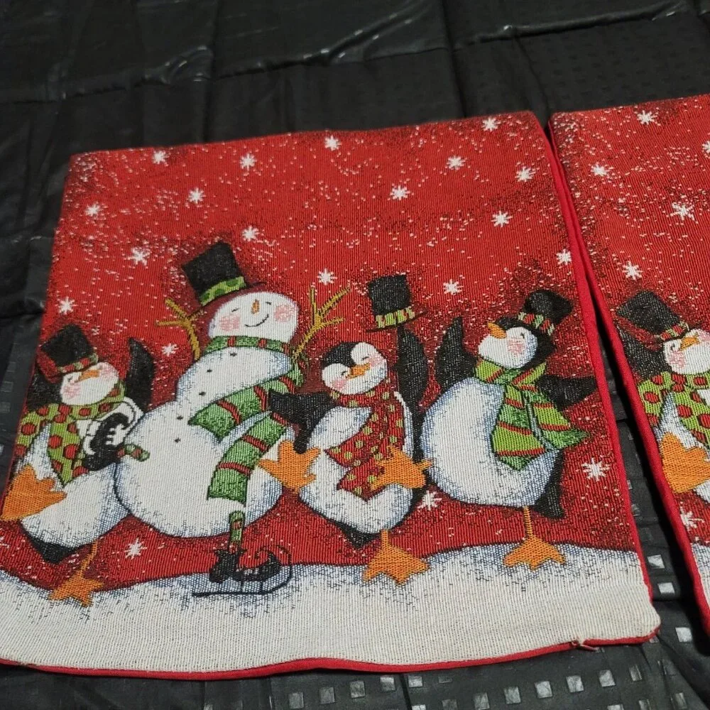 2 Vtg Style Red White Christmas Pillow Cover Snowman Tapestry Appx 16x16